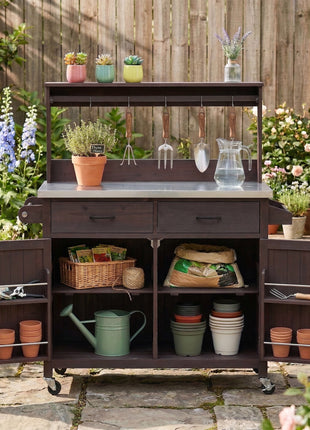 54.1" Outdoor Kitchen Island Cart with Stainless Steel Top, Storage Cabinets & High Shelf Hooks – Solid Wood BBQ Prep Table (Brown)