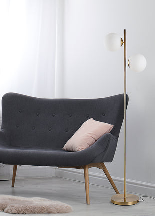 Modern Gold Floor Lamp with Dual Globe Glass Shades – 2-Light Standing Lamp with Foot Switch for Living Room & Bedroom