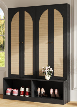 Farmhouse Hall Tree with Rattan Doors – Entryway Bench with Shoe Storage