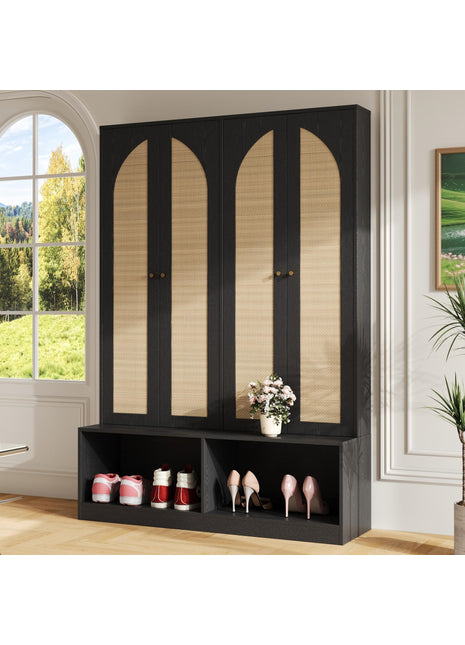 Farmhouse Hall Tree with Rattan Doors – Entryway Bench with Shoe Storage