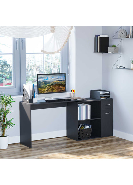 Likeshoppe L Shaped Computer Desk, 180° Rotating Corner Desk with Storage Shelves, Drawer and Cabinet, Study Workstation for Home Office, Black