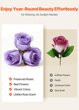 50 Preserved Roses Lavender Purple Round Box – Forever Flowers Gift for Women Wife Mom Anniversary Valentine’s Day