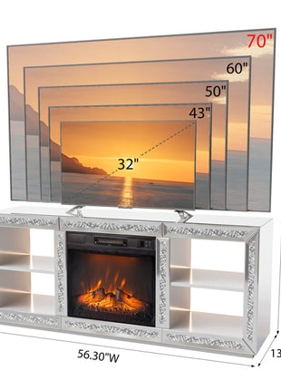 Likeshoppe Mirrored Fireplace TV Stand with Electric Insert – Modern Silver Entertainment Center with Storage Shelves