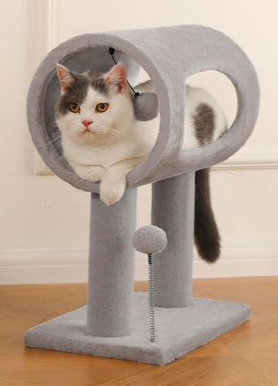 Gray Cat Tree Tower with Tunnel Bed & Scratching Posts – Indoor Cat Condo with Hanging Toys