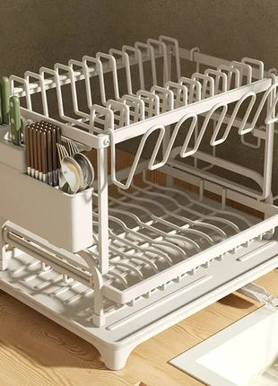 2-Tier Kitchen Dish Drying Rack Large Capacity – Dish Rack with Drain Board & Rotatable Spout