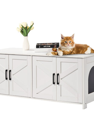 Cat Litter Box Enclosure Furniture – Hidden Wooden Cat Washroom Cabinet with 2 Rooms White