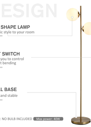 Modern Gold Floor Lamp with Dual Globe Glass Shades – 2-Light Standing Lamp with Foot Switch for Living Room & Bedroom