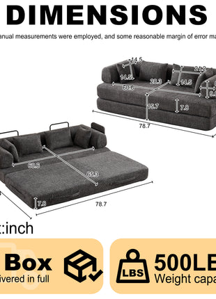 78.7” Convertible Sleeper Sofa Bed in Grey Chenille – Folding Couch with Pillows, Storage Pocket & Floor Lounge Design