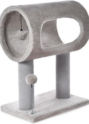 Gray Cat Tree Tower with Tunnel Bed & Scratching Posts – Indoor Cat Condo with Hanging Toys