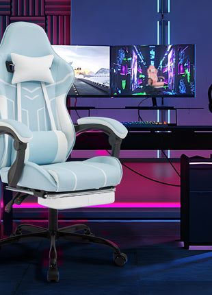 Ergonomic Gaming Chair with Footrest – Reclining Computer Desk Chair with Lumbar Massage Blue White