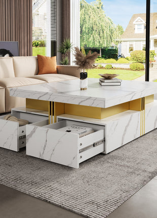 Modern White Square Coffee Table with 4 Drawers – Luxury Living Room Storage Table