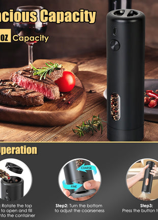 USB Rechargeable Electric Pepper Grinder with LED Light – Automatic Salt & Spice Mill with 6 Adjustable Coarseness Settings