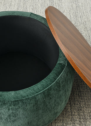 Round Storage Ottoman with Hidden Storage & Small Seat – 2-in-1 Upholstered Footstool and End Table (Green)