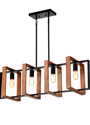 Likeshoppe Farmhouse Kitchen Island Pendant Light – 36" Rustic Wood & Black Metal 4-Light Dining Room Chandelier