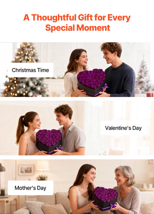 27 Preserved Purple Roses Heart Box – Forever Flowers Gift for Women Wife Mom Anniversary Valentine’s Day