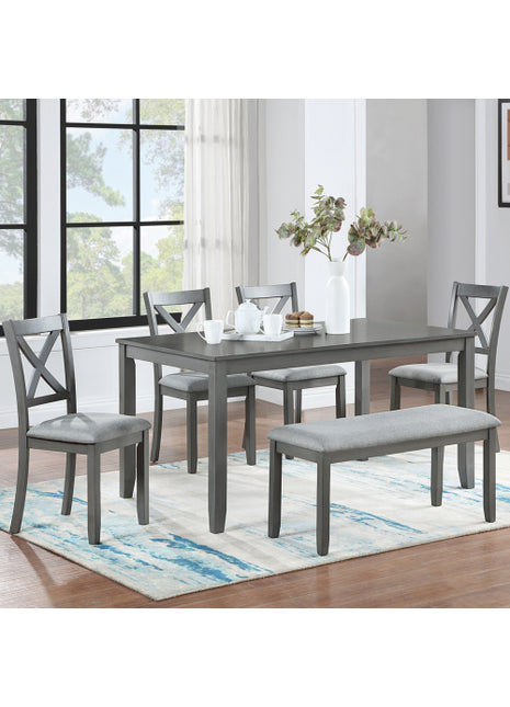 Likeshoppe 6 Piece Kitchen Dining Set, Rectangular Wooden Dining Table With 4 Upholstered Chairs And A Bench, Dining Table Set For 6 People, Living Room, Home Bar And Kitchen, Gray
