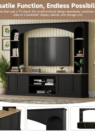 91" Arched Entertainment Center Wall Unit – Farmhouse TV Stand with Bookshelf for TVs up to 70"