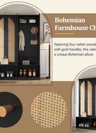 Farmhouse Hall Tree with Rattan Doors – Entryway Bench with Shoe Storage