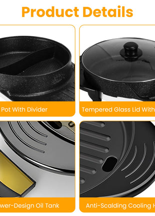 2200W 2-in-1 Electric Hot Pot & Korean BBQ Grill – Smokeless Non-Stick Shabu Shabu Cooker