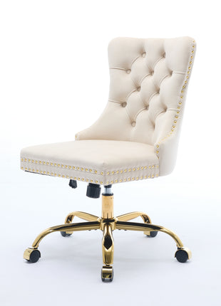 Likeshoppe Furniture Office Chair,Modern Velvet Upholstered Tufted Button Home Office Chair With Golden Metal Base,Adjustable Desk Chair Swivel Office Chair Beige