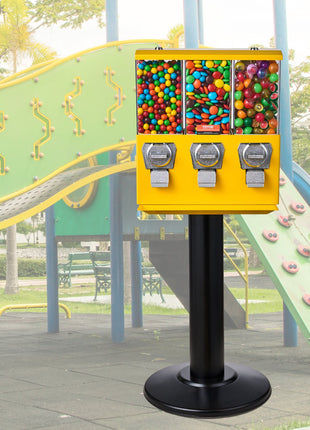 Vintage Gumball Machine Coin Bank – 3 Compartment Candy Dispenser Stand Yellow