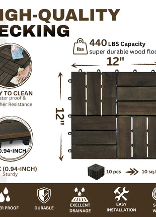 10 PCS Acacia Wood Interlocking Deck Tiles – 12" × 12" Checker Pattern Outdoor Patio Flooring for Balcony & Poolside