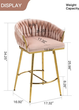 Modern Velvet Bar Stools Set of 2 – Counter Height Kitchen Island Chairs with Gold Metal Base