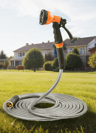 25FT Metal Garden Hose – Stainless Steel No-Kink Water Hose with Spray Nozzle