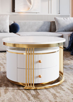 White Round Nesting Coffee Table Set with Drawers – Modern Coffee Tables with Gold Legs