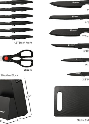16-Piece Kitchen Knife Set with Block & Cutting Board – German Stainless Steel Knife Set with Steak Knives & Sharpener