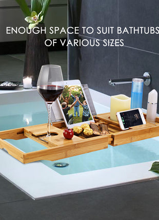 Extendable Bamboo Bathtub Caddy Tray – Luxury Bath Tray with Book & Wine Holder