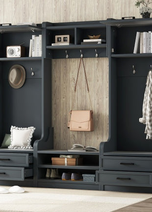 4-in-1 Hall Tree Entryway Storage Bench with Coat Hooks & Cabinet