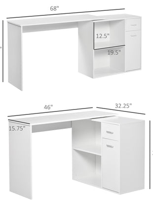 L Shaped Computer Desk, 180° Rotating Corner Desk with Storage Shelves, Drawer and Cabinet, Study Workstation for Home Office, White
