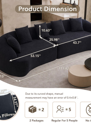 110" Curved Modular Compression Sofa – Chenille Sleeper Couch with Foam Seating (Black)