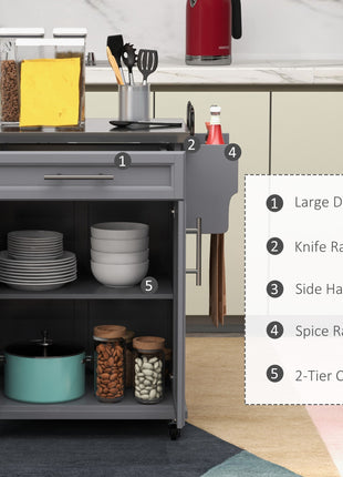 Kitchen Island on Wheels, Rolling Kitchen Cart with Stainless Steel Countertop, Drawer, Towel Rack and Spice Rack, Utility Storage Trolley, Gray