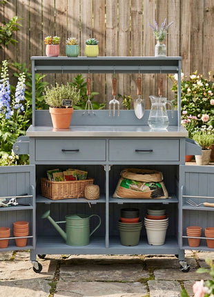 54.1" Outdoor Kitchen Island Cart with Stainless Steel Top, Storage Cabinets & High Shelf Hooks – Solid Wood BBQ Prep Table (Grey Blue)