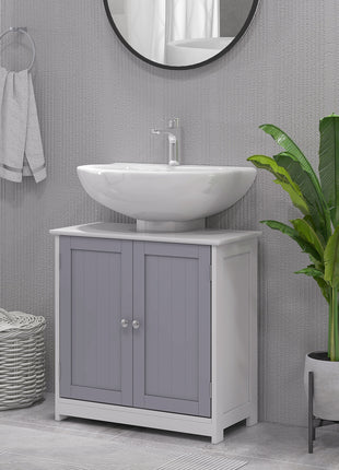 Likeshoppe Under Sink Bathroom Cabinet with U-Shaped Cut-Out – White & Gray Space Saving Vanity Storage with Adjustable Shelf for Small Bathrooms