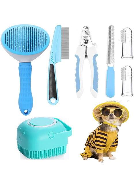 7PCS Pet Grooming Kit – Self-Cleaning Brush Nail Clipper Flea Comb Set