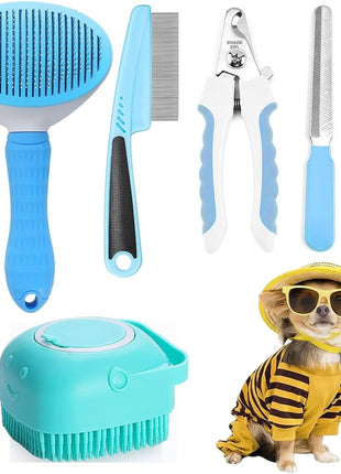 7PCS Pet Grooming Kit – Self-Cleaning Brush Nail Clipper Flea Comb Set