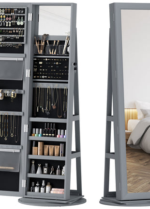 360° Swivel Jewelry Armoire with Full-Length Mirror – Lockable Standing Jewelry Cabinet Gray