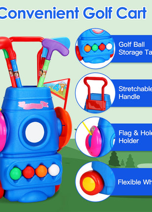 Toddler Golf Set With 4 Balls 4 Clubs 2 Holes 2 FlagsLikeshoppe Golf Cart Indoor Outdoor Golf Game Gift For 3-5 Years Old Kids For Spring Outdoor Activities