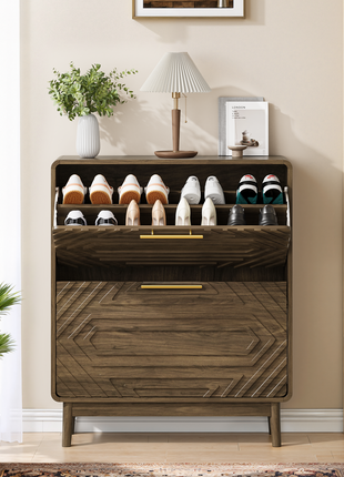 Walnut Mid-Century Shoe Cabinet with Flip Drawers – Slim Entryway Shoe Storage Organizer