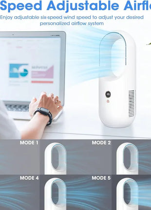 Likeshoppe Portable Bladeless Desk Fan Rechargeable – Quiet Personal Cooling Fan with 6 Speeds & LED Display for Bedroom & Office