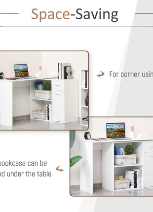 L Shaped Computer Desk, 180° Rotating Corner Desk with Storage Shelves, Drawer and Cabinet, Study Workstation for Home Office, White