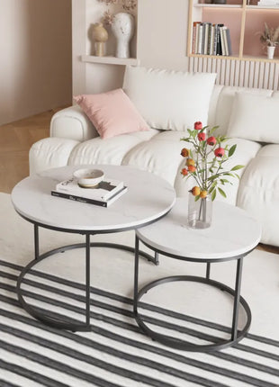 Round Nesting Coffee Table Set of 2 – Marble Pattern Modern Coffee Tables with Metal Frame