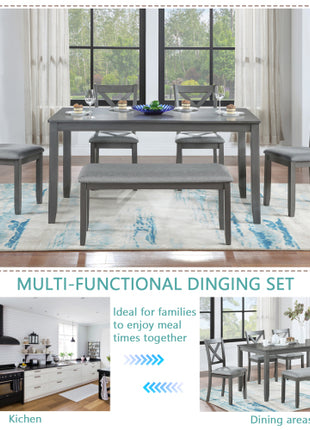 Likeshoppe 6 Piece Kitchen Dining Set, Rectangular Wooden Dining Table With 4 Upholstered Chairs And A Bench, Dining Table Set For 6 People, Living Room, Home Bar And Kitchen, Gray