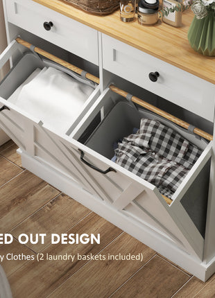 Tilt-Out Laundry Hamper Cabinet with 2 Removable Baskets & Drawers – Bathroom Storage Organizer (White)