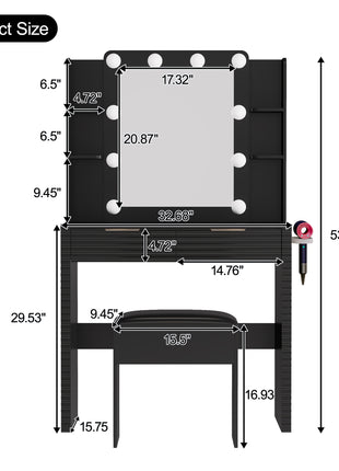 Makeup Vanity Desk with Hollywood Bulbs – Black Dressing Table with Charging Station & Storage Stool