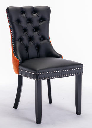 Black & Orange Tufted Dining Chairs Set of 2 – Upholstered PU Leather Chairs with Nailhead Trim and Wood Legs