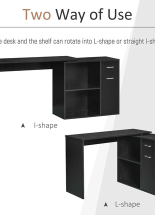 Likeshoppe L Shaped Computer Desk, 180° Rotating Corner Desk with Storage Shelves, Drawer and Cabinet, Study Workstation for Home Office, Black